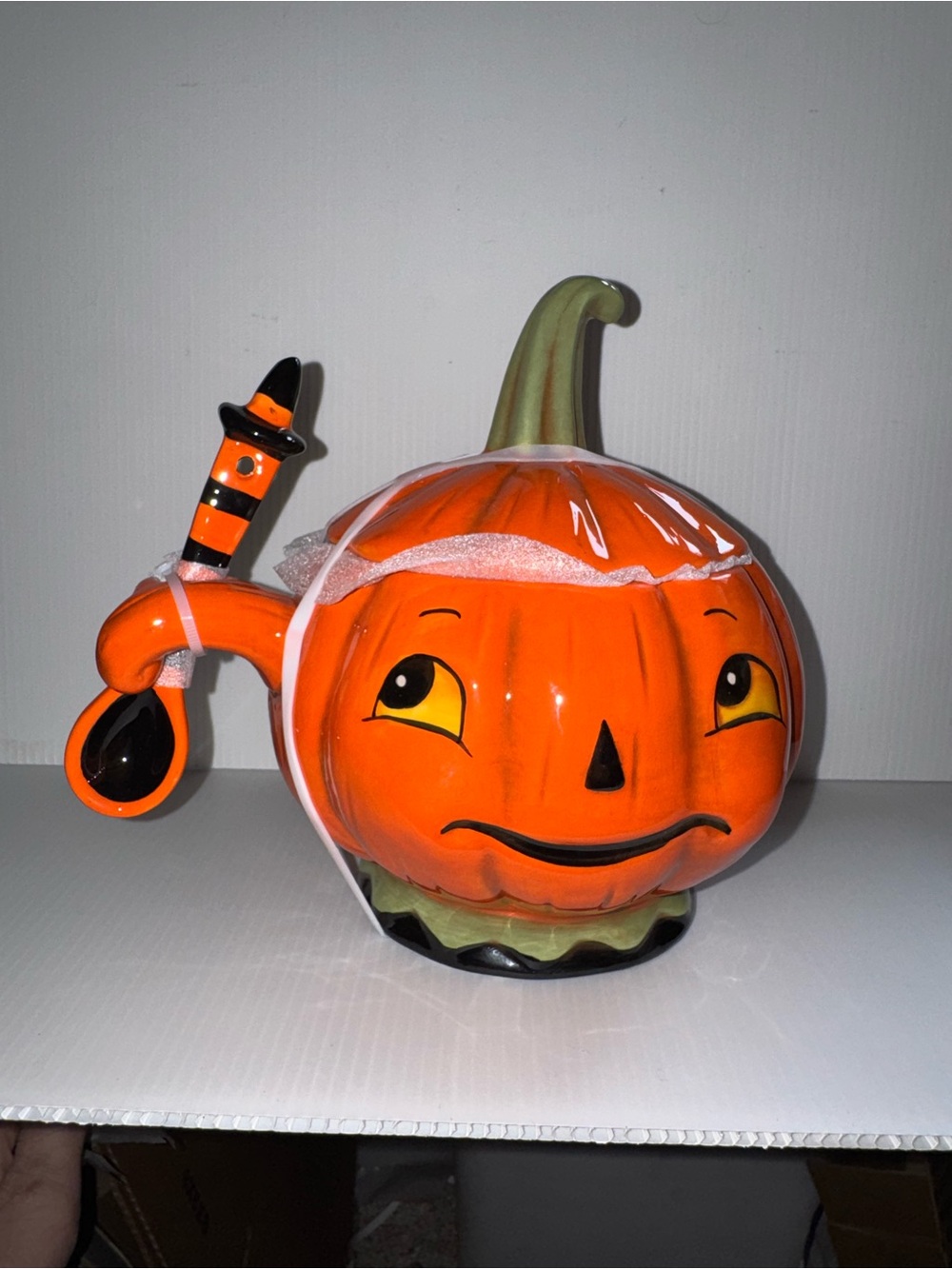 New! Johanna Parker ceramic pumpkin candy or sugar bowl with spoon. 7”